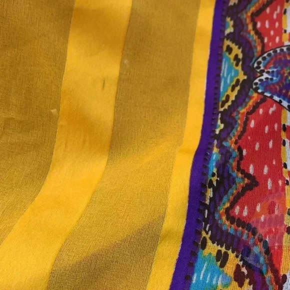 Source Unknown hand rolled bright yellow  scarf w colourful border 100” by 54”. - Picture 3 of 6